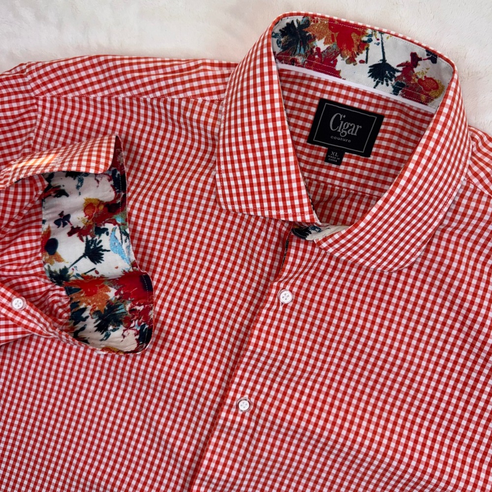 Cigar Couture Button Down Shirt Mens XL Orange Gingham‎ Floral Trim Long Sleeve